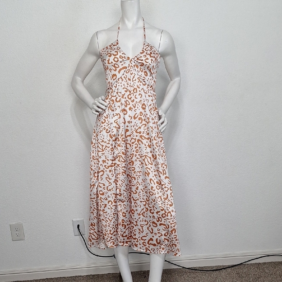 Leopard Print White Brown Halter Neck Bohemian Open Back Midi Dress Size L - Picture 1 of 12